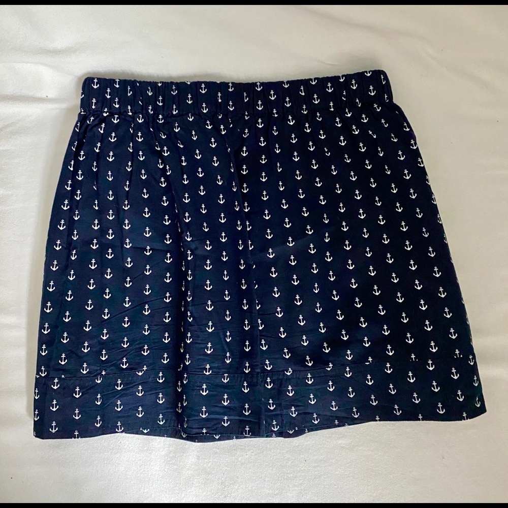 J CREW Cotton Short Skirt Small Nautical Anchor Print Pull On Navy Blue Classic